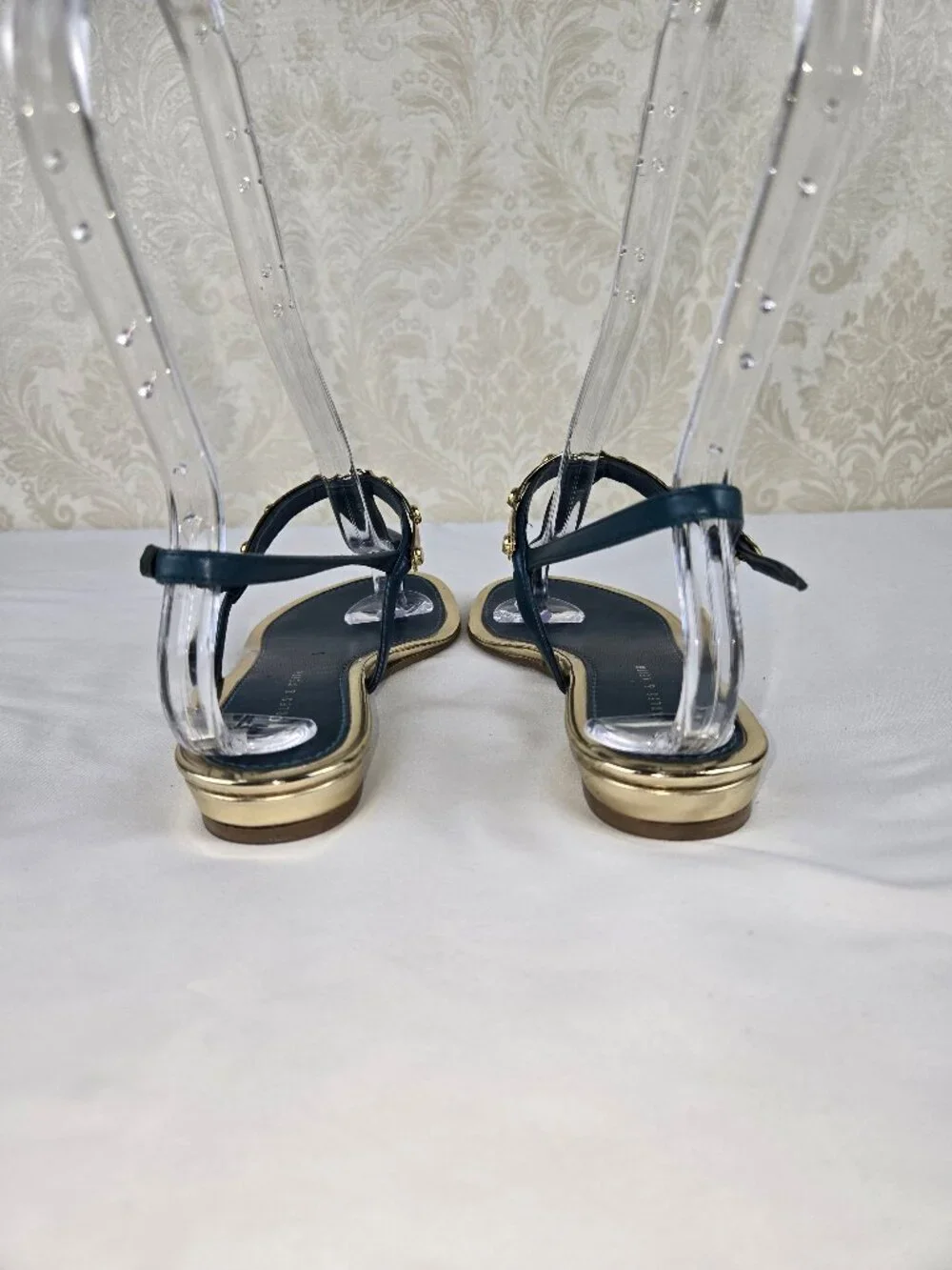 Charles & Keith Size 37 (US 7) Teal Gold Accent Leather Sandal Ankle Strap